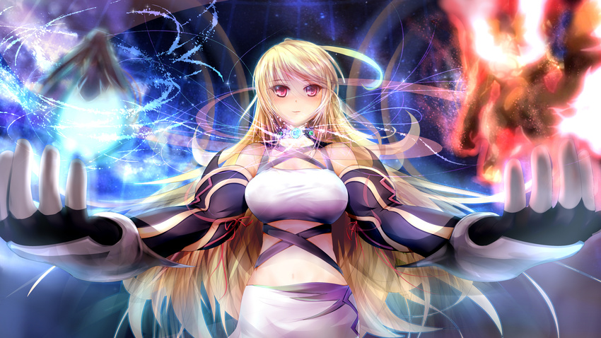 absurdres ahoge bare_shoulders blonde_hair choker detached_sleeves fingerless_gloves garyljq gloves highres long_hair magic midriff milla_maxwell miniskirt multicolored_hair outstretched_arms red_eyes skirt smile solo tales_of_(series) tales_of_xillia white_skirt