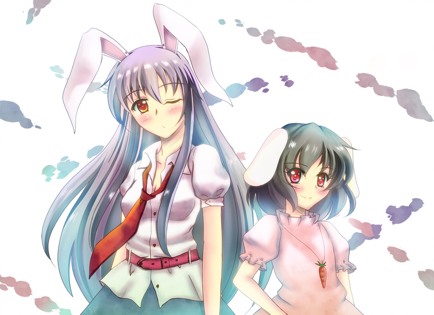 animal_ears black_hair bunny_ears inaba_tewi multiple_girls necktie one_eye_closed pakapom purple_hair red_eyes red_neckwear reisen_udongein_inaba touhou