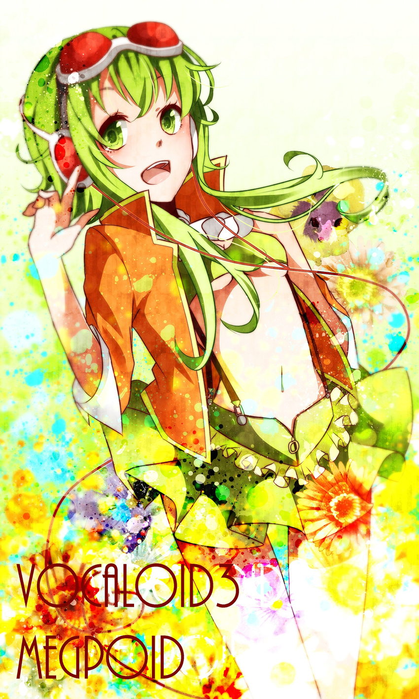 absurdres breasts cleavage goggles goggles_on_head green_eyes green_hair green_skirt gumi headphones highres jacket medium_breasts megpoid_(vocaloid3) midriff miniskirt navel nou open_mouth pleated_skirt short_hair simple_background skirt smile solo suspender_skirt suspenders underboob vocaloid