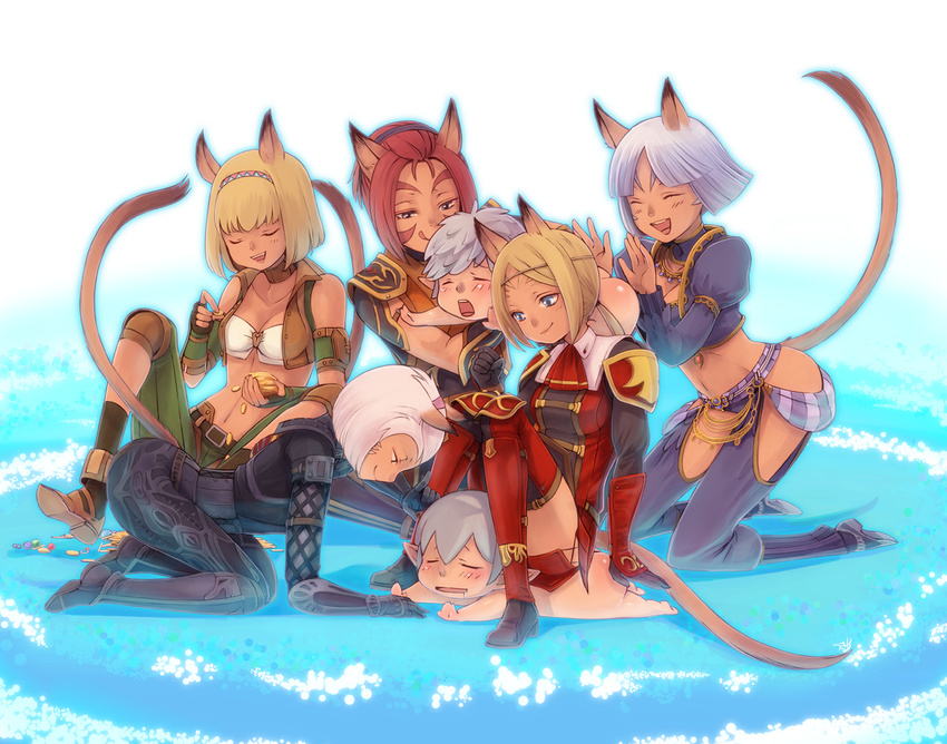 :d :p all_fours animal_ears arm_guards ascot ass bard_(final_fantasy) bare_shoulders belt blonde_hair blush child closed_eyes coin collarbone drooling final_fantasy final_fantasy_xi fingerless_gloves gem gloves hairband kneeling lying midriff mithra monk_(final_fantasy) multiple_girls navel ninja_(final_fantasy) on_stomach open_mouth ponytail red_hair red_mage saliva short_hair silver_hair sitting sitting_on_person smile tail takatsuki_kahiro tarutaru thief_(final_fantasy) tongue tongue_out