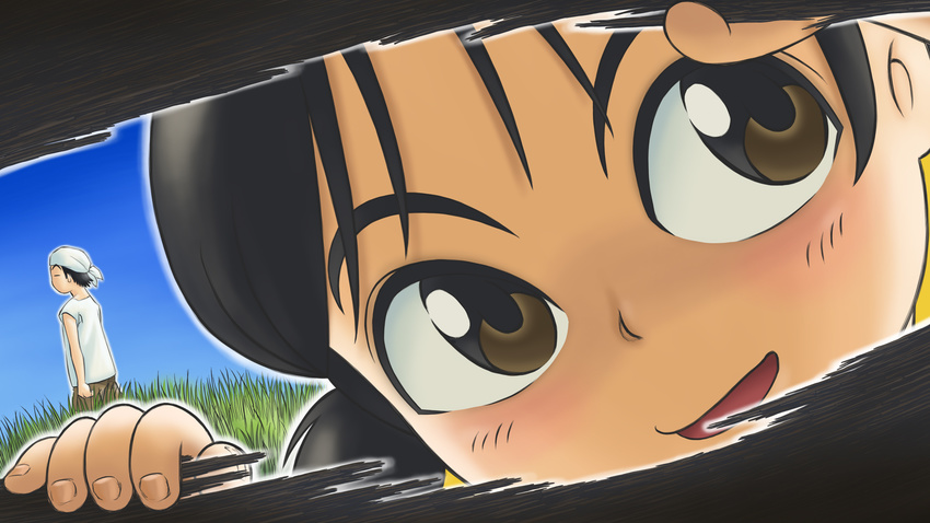 1girl black_hair brown_eyes child grass head_scarf highres makki open_mouth smile takahiro twintails wood yokohama_kaidashi_kikou