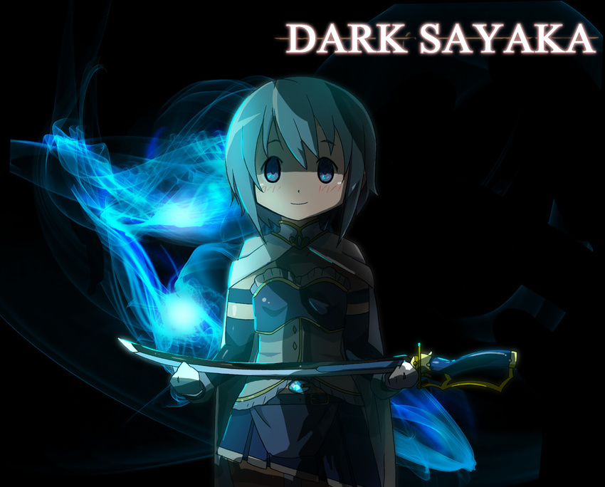 bad_id bad_pixiv_id blue_eyes blue_hair cape dark_souls empty_eyes gloves magical_girl mahou_shoujo_madoka_magica miki_sayaka short_hair solo souls_(from_software) sword tsubaki_(tsubakiyasan) weapon