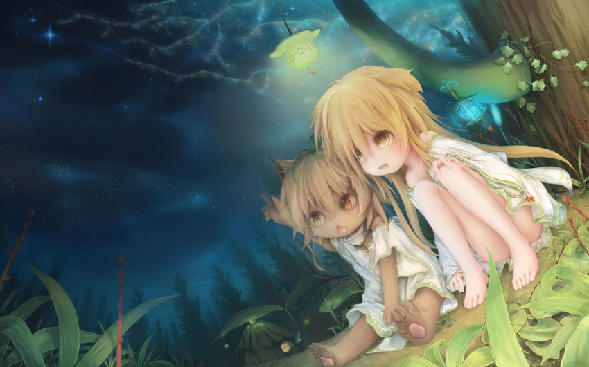 animal_ears bare_legs barefoot blonde_hair brown_eyes brown_hair child collarbone dress fang fur furry grass ground hand_on_own_knee highres lantern light long_hair looking_up manahui multiple_girls night off_shoulder on_ground open_mouth original paws plant pointing short_hair sitting sky star_(sky) starry_sky tree vines yellow_eyes