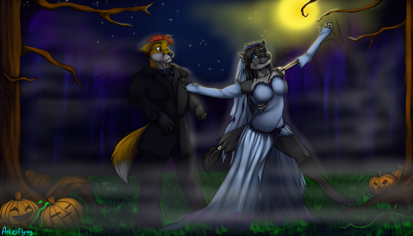 bone bride canine clothing corpse_bride couple dancing evening_gown female flynx-flink forest fox gown groom hair halloween happy holidays jack_o'_lantern jack_o'_lantern male mammal mist moon moonlight night pumpkin red_hair ring shocked skeleton straight tail_ring torn_clothing tree tux tuxedo undead veil wedding_gown wood zombie