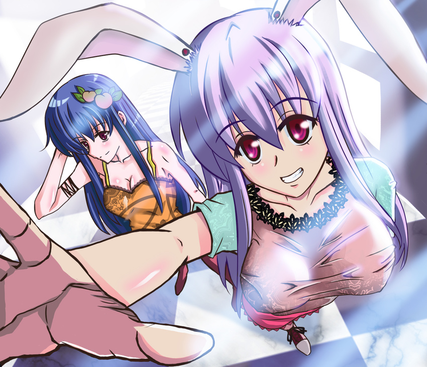 animal_ears bad_id bad_pixiv_id blue_hair blush breasts bunny_ears casual cleavage grin highres hinanawi_tenshi large_breasts long_hair multiple_girls pakapom purple_hair red_eyes reisen_udongein_inaba shirt smile taut_clothes taut_shirt touhou
