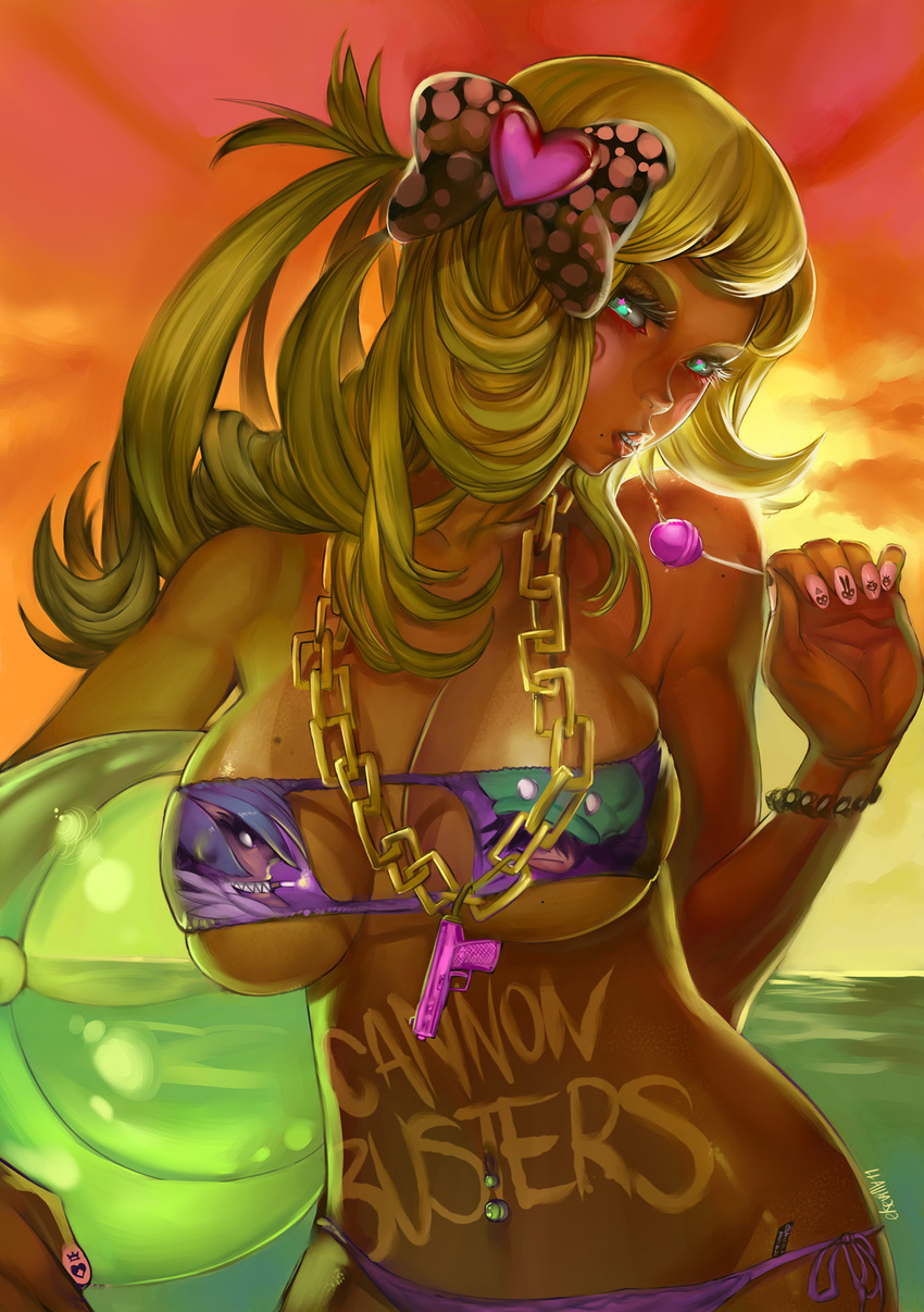 ball beach beachball bikini blonde_hair breasts candy cleavage dark_skin english food hair_ornament hector_enrique_sevilla_lujan highres jewelry large_breasts lollipop long_hair mole mole_under_mouth navel_piercing necklace original piercing saliva saliva_trail solo swimsuit tan tanline