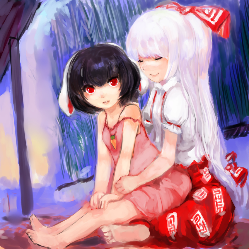 animal_ears bad_id bad_pixiv_id barefoot black_hair bunny_ears feet fujiwara_no_mokou highres inaba_tewi jewelry maccha_cocoa_(mococo) multiple_girls necklace red_eyes sitting sitting_on_lap sitting_on_person strap_slip touhou white_hair