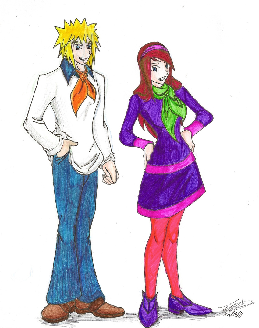 1girl blue_eyes cartoon_network cosplay crossover daphne_ann_blake daphne_ann_blake_(cosplay) fred_jones fred_jones_(cosplay) highres namikaze_minato naruto naruto_(series) pantyhose parody red_hair scarf scooby-doo smile traditional_media uzumaki_kushina