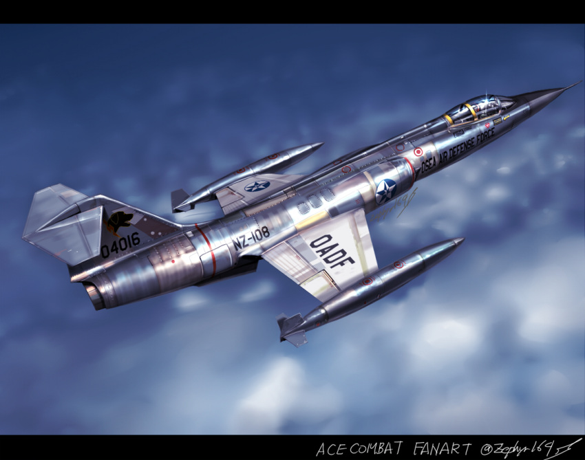 ace_combat aircraft airplane cloud commentary commentary_request f-104_starfighter fighter_jet flying jet military military_vehicle real_life realistic roundel shiny signature zephyr164