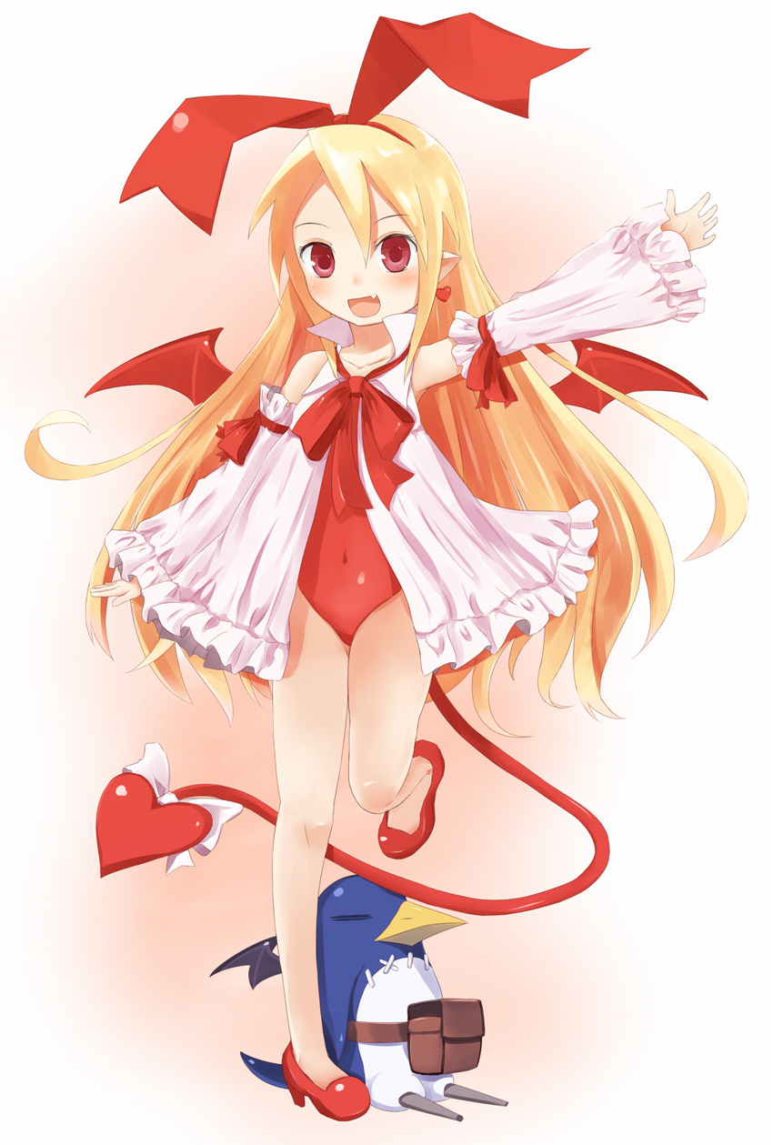 :d bare_legs bat_wings blonde_hair bow covered_navel creature cupen demon_tail disgaea earrings fang flonne flonne_(fallen_angel) full_body hair_ribbon heart highres jewelry leotard long_hair makai_senki_disgaea open_mouth pointy_ears prinny red_eyes red_leotard red_wings ribbon shoes smile standing standing_on_one_leg tail tail_bow wings