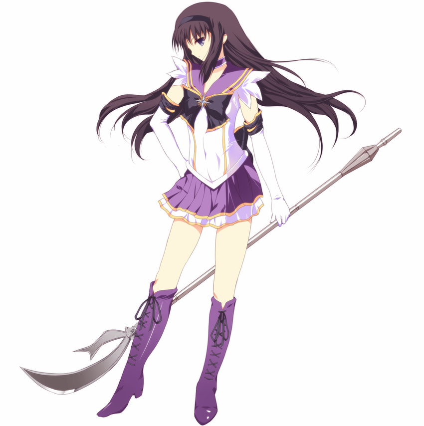 akemi_homura bee_(artist) bishoujo_senshi_sailor_moon black_bow black_hair boots bow brooch choker color_connection cosplay elbow_gloves full_body gloves hairband hand_on_hip highres holding holding_spear holding_weapon jewelry knee_boots layered_skirt long_hair magical_girl mahou_shoujo_madoka_magica microskirt pleated_skirt polearm purple purple_eyes purple_footwear purple_sailor_collar purple_skirt ribbon sailor_collar sailor_moon_musical sailor_saturn sailor_saturn_(cosplay) sailor_senshi_uniform silence_glaive skirt solo spear weapon white_background white_gloves