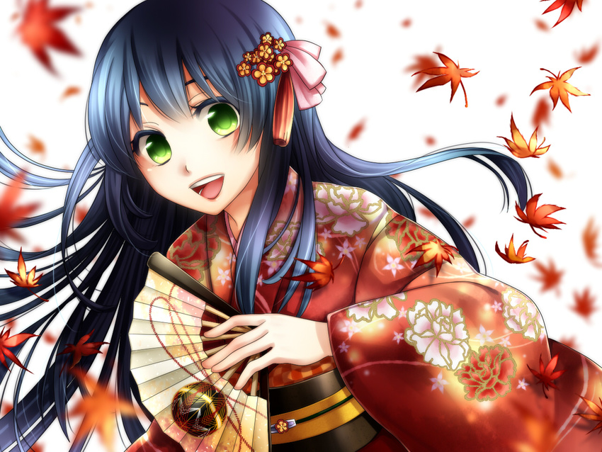 :d black_hair blurry blush depth_of_field fan floral_print folding_fan green_eyes hair_ornament japanese_clothes kimono leaf long_hair looking_at_viewer makina_(frog) maple_leaf obi open_mouth original sash smile solo upper_body wallpaper