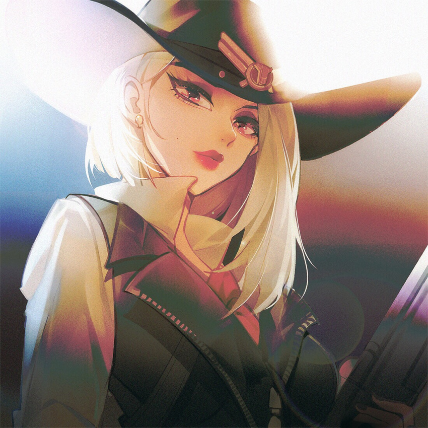 ashe_(overwatch) asymmetrical_hair cowboy_hat earrings gun hat jewelry lips lipstick makeup medium_hair mole mole_above_mouth nail_polish necktie overwatch red_lipstick road_233 shirt short_hair solo stud_earrings vest weapon white_hair