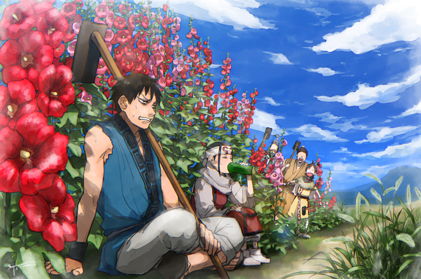 2girls 3boys armor beard black_hair blue_sky chinese_clothes drinking en_(kingdom) facial_hair flower grass helmet hoe hollyhock indian_style karyou_ten kingdom kyoukai_(kingdom) long_hair multiple_boys multiple_girls on_ground open_mouth outdoors plant sandals shin_(kingdom) shiso_(nununu3) short_hair sitting sky sleeveless sosui_(kingdom) sweat wristband