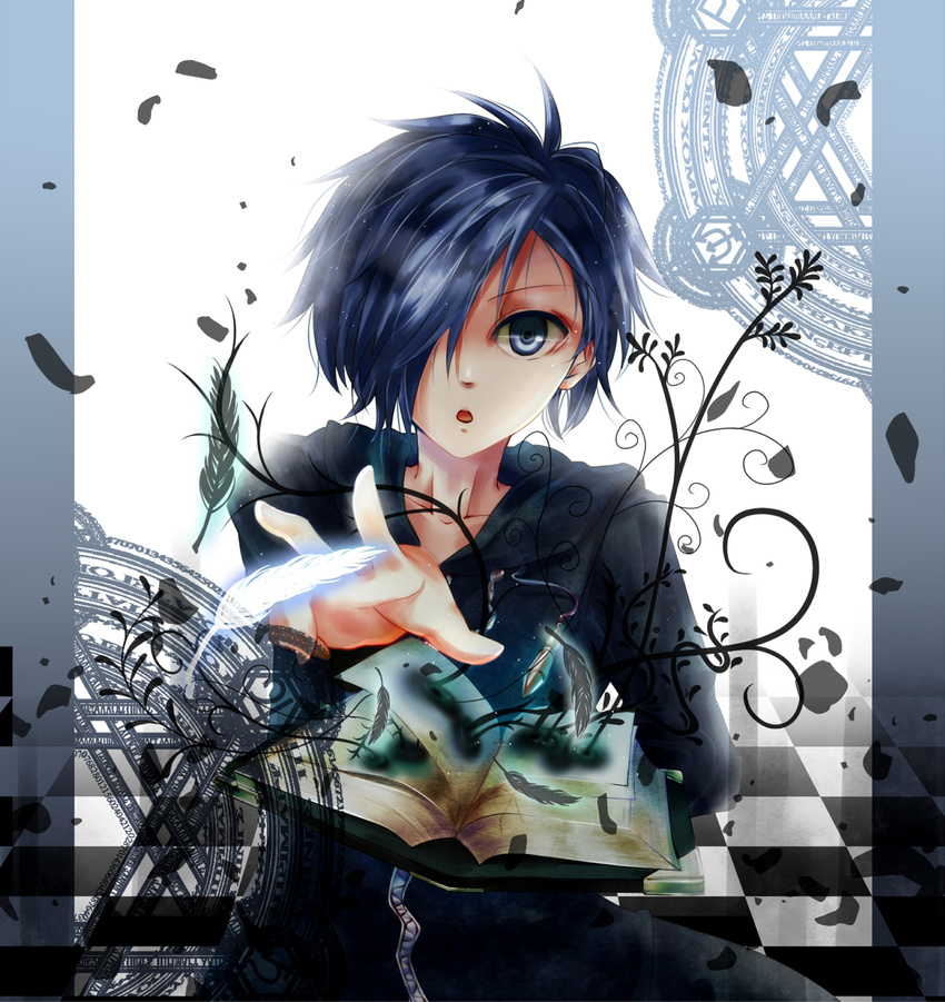 bad_id bad_pixiv_id black_coat_(kingdom_hearts) blue_eyes blue_hair book cloak feathers hair_over_one_eye highres kingdom_hearts male_focus soap_(answer) solo zexion
