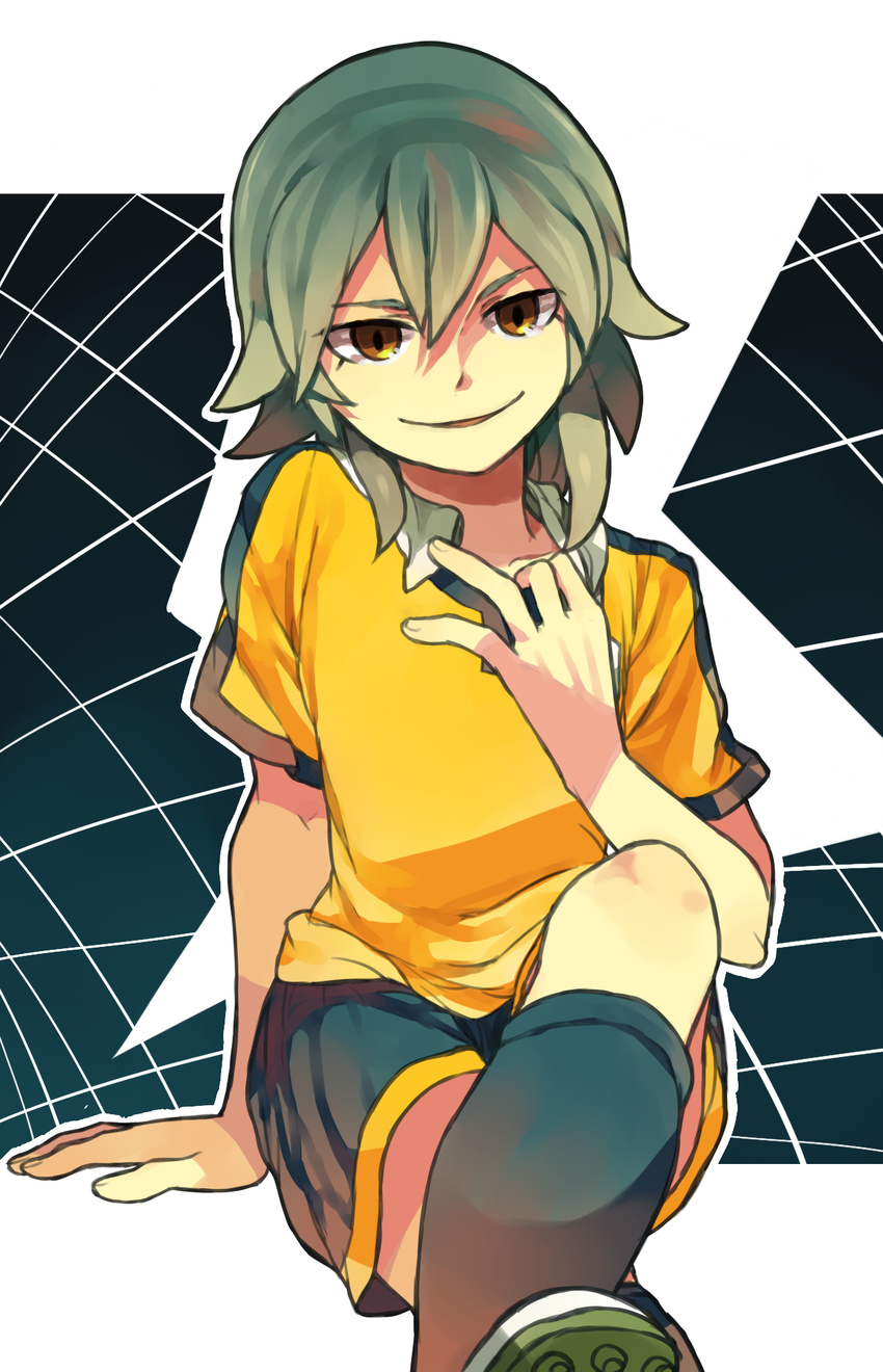 cleats green_hair highres inazuma_eleven_(series) inazuma_eleven_go kariya_masaki kneehighs male_focus open_mouth puddingpudding sitting smile soccer_uniform solo sportswear yellow_eyes