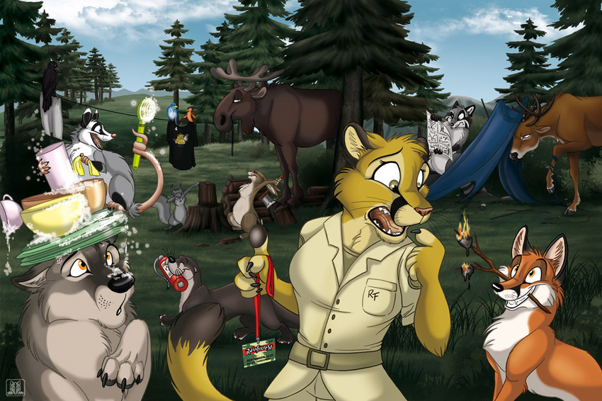 anthro avian avoid_posting axe bird bluebird brown_eyes brush canine cervine chaos conditional_dnp cougar crow cup deer eyes_closed feline female feral fire fire_extinguisher forest fox lagomorph male mammal marshmallow marsupial moose mustelid opossum orange_eyes otter park_ranger plate rabbit raccoon rainfurrest rodent scenery squirrel tani_da_real tent tree weapon wolf wood