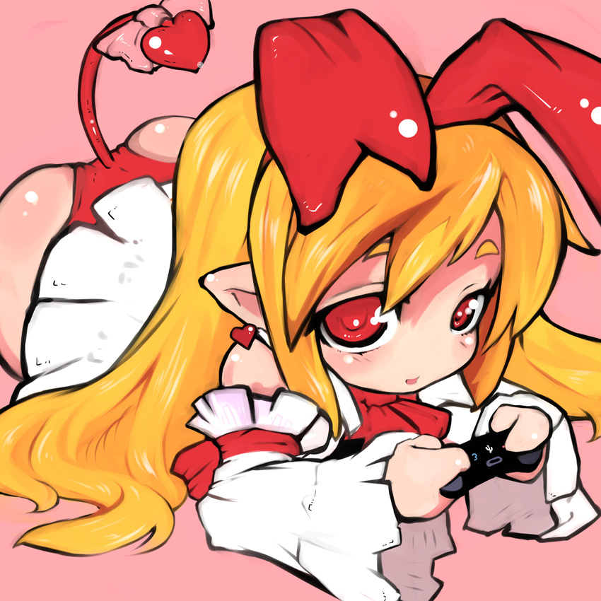 ass blonde_hair bow detached_sleeves disgaea earrings flonne flonne_(fallen_angel) hair_ribbon heart highres jewelry leotard long_hair lying makai_senki_disgaea nekodason pointy_ears red_eyes red_leotard ribbon smile solo tail tail_bow video_game