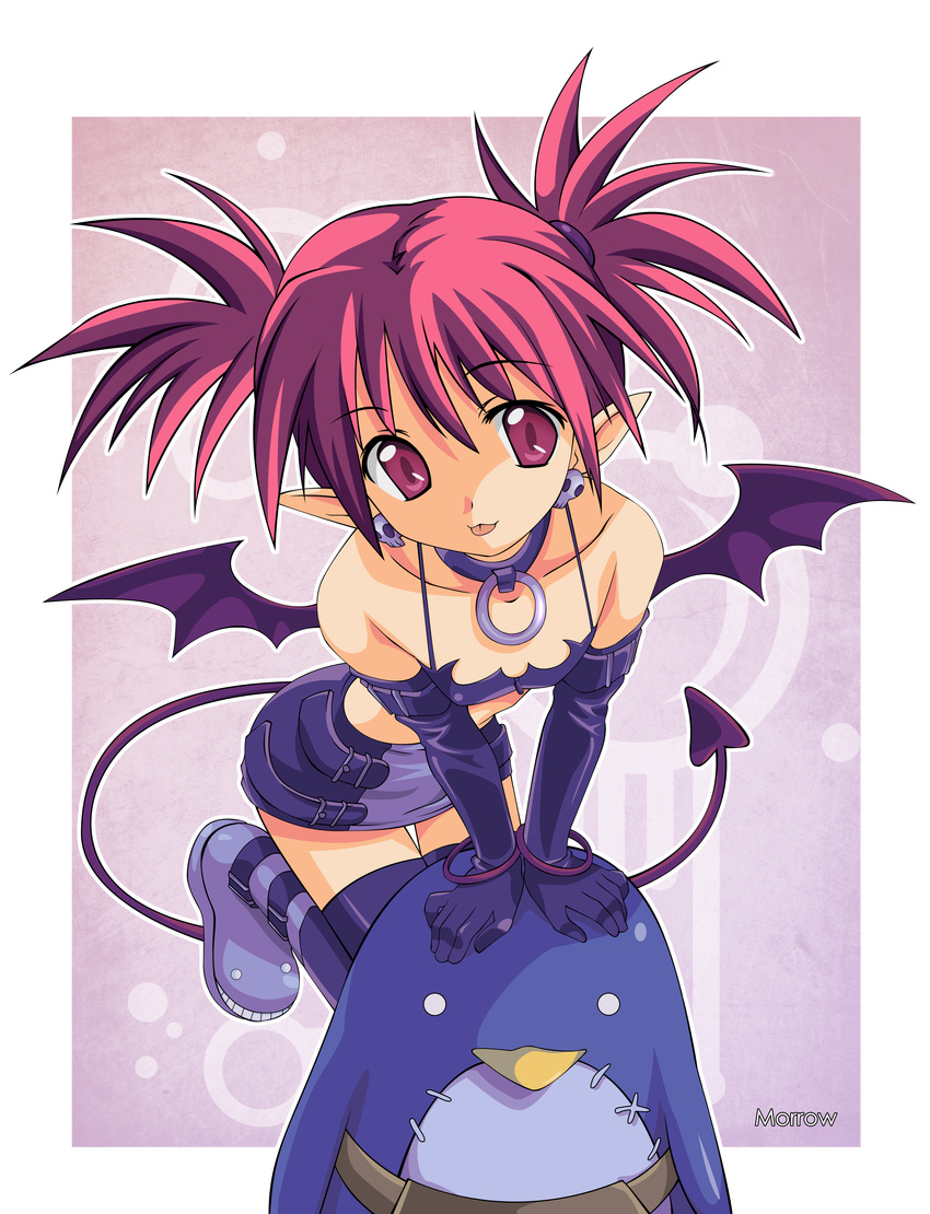 :p absurdres bad_id bad_pixiv_id bat_wings black_gloves black_legwear black_skirt choker demon_girl disgaea earrings elbow_gloves etna flat_chest gloves highres jewelry leaning_forward makai_senki_disgaea miniskirt morrow_(hitodama-x) pencil_skirt pointy_ears prinny red_eyes red_hair shoes short_hair skirt smile solo spiked_hair tail thighhighs tongue tongue_out transparent_background twintails vector_trace wings zettai_ryouiki