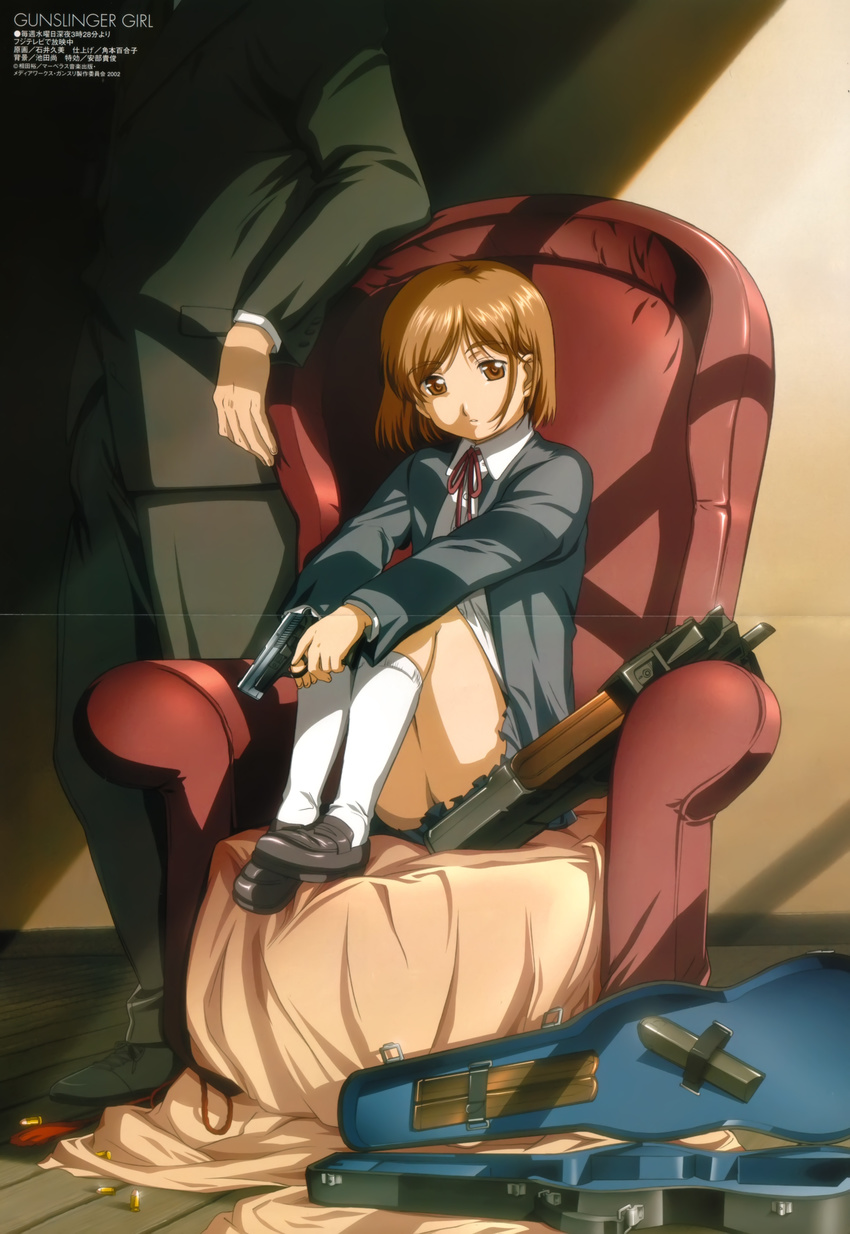 absurdres armchair bob_cut brown_eyes brown_hair bullet bullpup cardigan chair crease feet_on_chair gun gunslinger_girl handgun henrietta_(gunslinger_girl) highres instrument_case ishii_kumi knees_up left-handed loafers megami official_art open_cardigan open_clothes out_of_frame p90 pistol scan shoes sig_sauer sig_sauer_p239 sitting socks solo_focus submachine_gun weapon window_shade