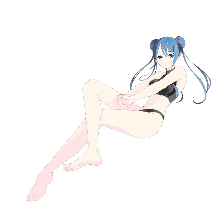 absurdres bangs bare_shoulders barefoot blue_eyes blue_hair crossed_legs double_bun hands_clasped highres light_smile long_hair original own_hands_together shinoi sidelocks simple_background sitting solo swimsuit tankini white_background