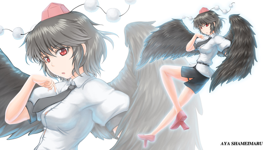 arm_up belt black_hair black_skirt black_wings geta hat highres looking_at_viewer miniskirt nazal necktie open_mouth pencil_skirt red_eyes shameimaru_aya shirt shoes short_hair side_slit skirt solo tengu-geta tokin_hat touhou wallpaper wings zoom_layer