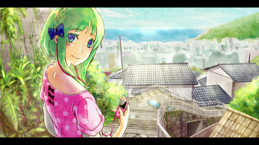 blue_eyes colored_eyelashes day digital_media_player from_behind green_hair gumi highres letterboxed looking_back no.734 outdoors scenery short_hair sky smile solo vocaloid