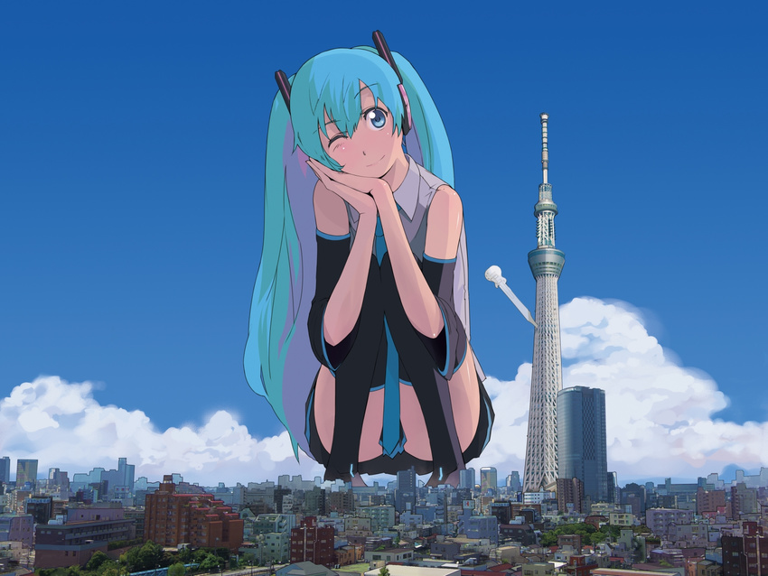 aqua_eyes aqua_hair black_legwear black_skirt blue_sky boots censored city cityscape cloud collared_shirt convenient_censoring day detached_sleeves eyebrows_visible_through_hair full_body giantess guitar guitar_(guitars) hands_together hatsune_miku head_tilt headphones highres instrument long_hair miniskirt necktie one_eye_closed own_hands_together pleated_skirt real_world_location scenery shirt short_sleeves skirt sky smile solo squatting striped striped_skirt thigh_boots thighhighs tokyo_(city) tokyo_sky_tree tower twintails very_long_hair vocaloid wallpaper wide_sleeves