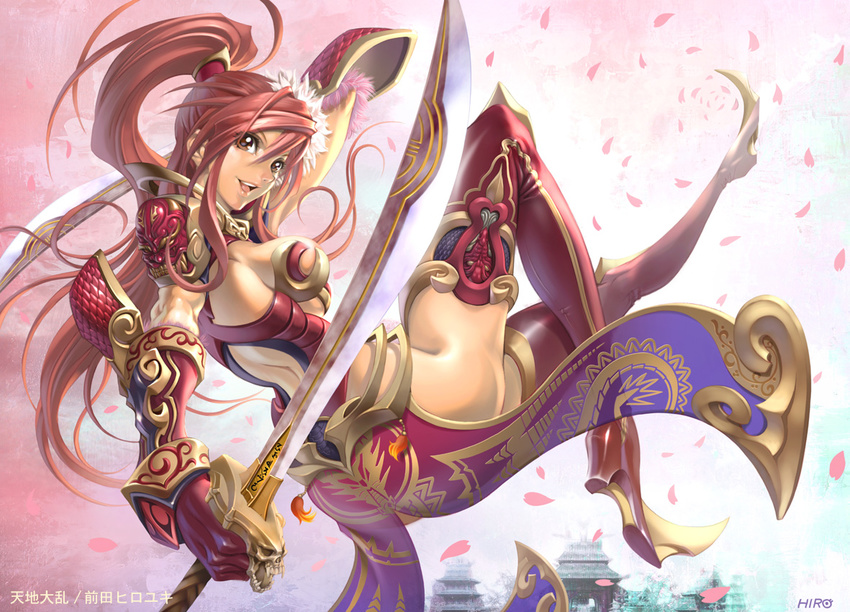 :d ahoge amane_(tenchitairan) armor ass back bangs boots breasts building cherry_blossoms dual_wielding elbow_gloves fantasy fighting_stance flower foreshortening gloves gradient hair_flower hair_ornament high_heels high_ponytail holding large_breasts leg_up lipstick long_hair looking_at_viewer looking_back lying maeda_hiroyuki makeup midriff no_bra no_panties open_mouth orange_eyes overskirt petals pink_hair ponytail profile red_legwear see-through shiny shiny_clothes shoes sideboob sidelocks signature skirt skull smile solo sword tenchitairan thigh_boots thighhighs thighs toe-point underboob very_long_hair wavy_hair weapon