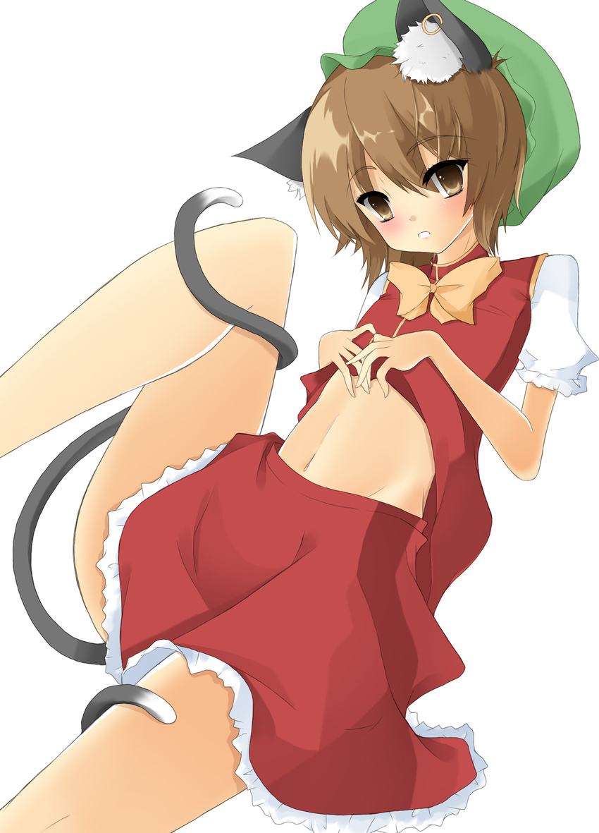 animal_ears blush brown_eyes brown_hair cat_ears cat_tail chen earrings groin hat highres jewelry lace lace-trimmed_skirt midriff miniskirt multiple_tails navel noi red_skirt shirt_lift short_hair skirt skirt_set solo tail touhou