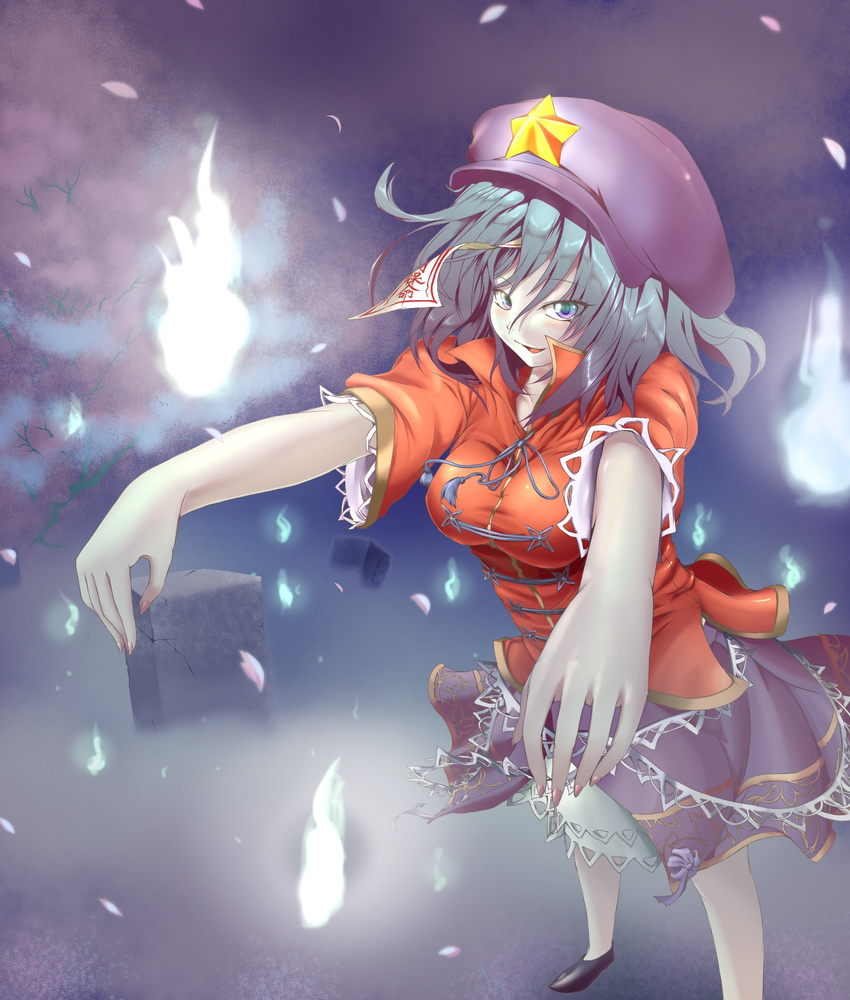beret black_skirt blue_eyes blue_hair cherry_blossoms fire flame fog grave graveyard hat highres jiangshi lace lace-trimmed_skirt miniskirt miyako_yoshika ofuda outstretched_arms pekoneko perspective petals shirt short_hair skirt solo star touhou tree zombie_pose