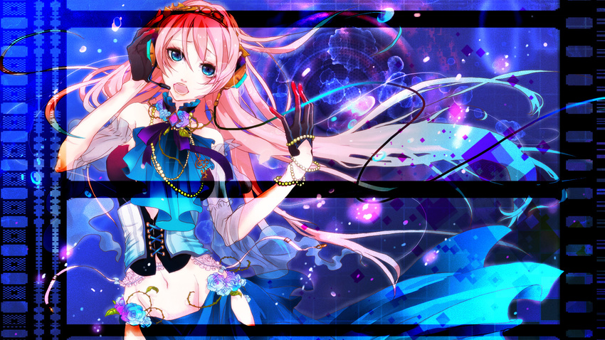 blue_eyes chikashige flower headphones headset highres jewelry long_hair megurine_luka music navel necklace open_mouth pink_hair rose singing solo vocaloid