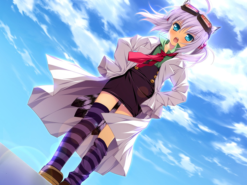 1girl animal_ears aqua_eyes blush cloud clouds dr._forest dr.foresuto female game_cg goggles hair_bobbles hair_ornament highres labcoat lens_flare necktie otomimi_infinity purple_hair short_hair sky socks solo striped striped_legwear striped_socks tail twintails