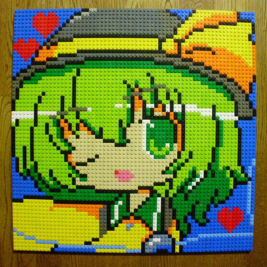 eyeball green_eyes green_hair hat heart highres komeiji_koishi lego one_eye_closed open_mouth photo pixel_art short_hair solo sun_hat third_eye touhou you_rei_(blowback)