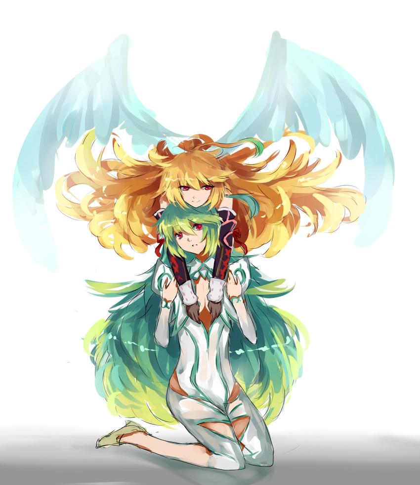 ahoge blonde_hair gradient_hair green_hair highres long_hair milla_maxwell multicolored_hair multiple_girls red_eyes spoilers sya_(north_to_antarctic) tales_of_(series) tales_of_xillia wings