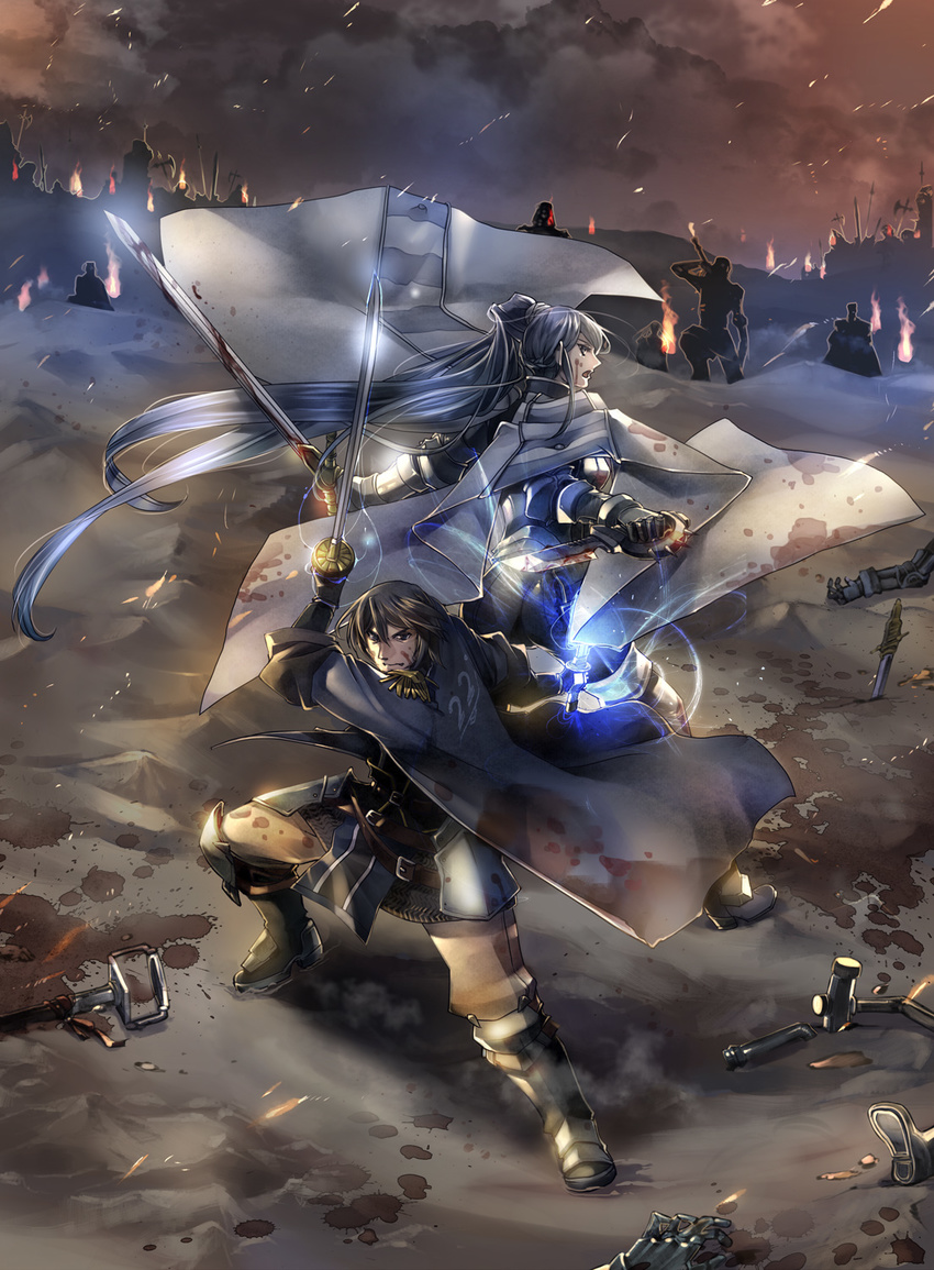 1girl armor battle blood blood_stain blue_hair boots brown_hair cape dagger dual_wielding fire gauntlets gloves glowing highres holding long_hair night pixiv_fantasia pixiv_fantasia_5 ponytail short_hair smoke sword takayama_dan trench_coat very_long_hair weapon