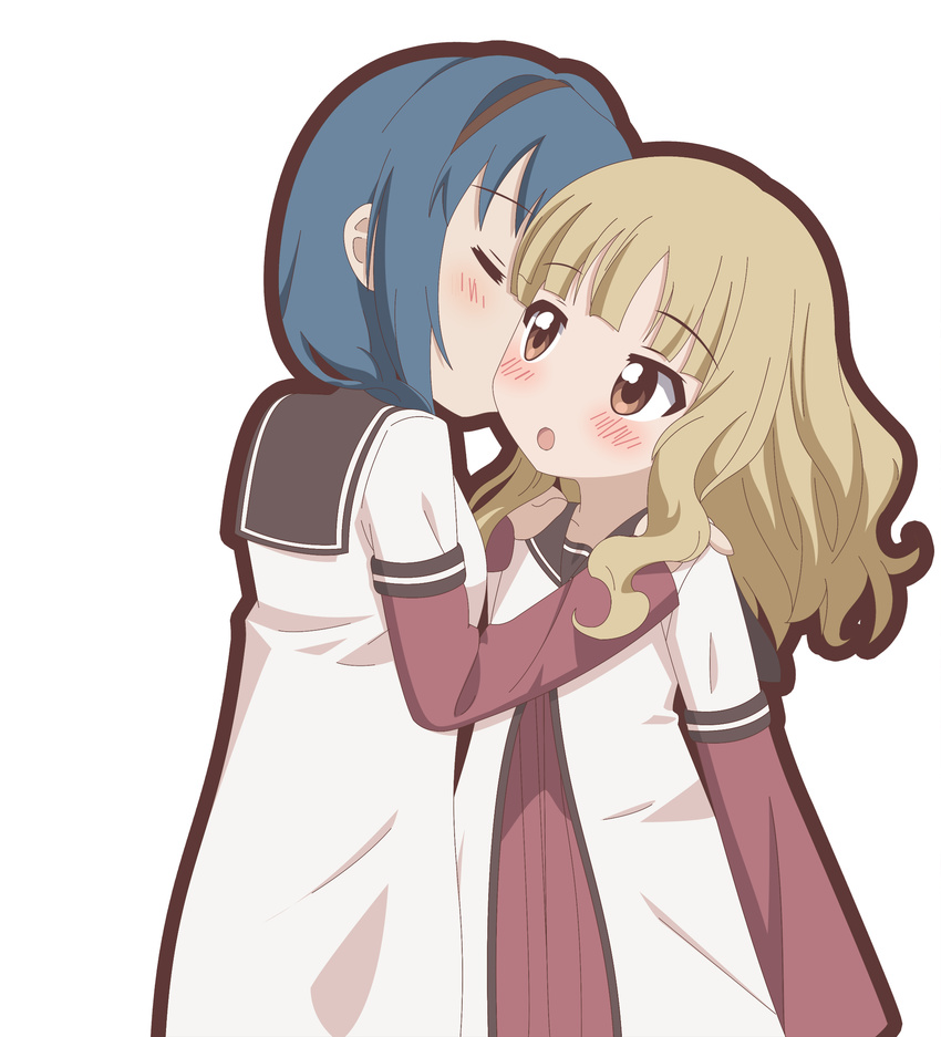 blonde_hair blue_hair blush brown_eyes cheek_kiss derivative_work furutani_himawari hairband hand_on_shoulder hands_on_shoulders highres kiss long_sleeves multiple_girls nanamori_school_uniform oomuro_sakurako open_mouth school_uniform serafuku short_over_long_sleeves short_sleeves yuri yuru_yuri zsconner