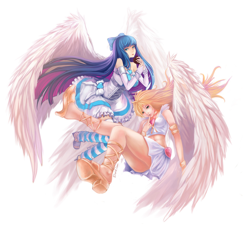 angel_wings ankle_lace-up armlet blonde_hair bow bracelet collaboration cross-laced_footwear dress elbow_gloves eluxios gloves green_eyes hair_bow heart highres jewelry leg_warmers midriff multicolored_hair multiple_girls panty_&amp;_stocking_with_garterbelt panty_(psg) petticoat pink_hair stocking_(psg) strapless strapless_dress striped striped_legwear two-tone_hair vmat wings