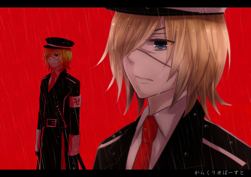 bad_id bad_pixiv_id blonde_hair blue_eyes eyepatch hair_down hat kagamine_len karakuri_manji_burst_(vocaloid) male_focus military military_uniform modoromi necktie rain red_neckwear scar solo swastika sword uniform vocaloid weapon wet