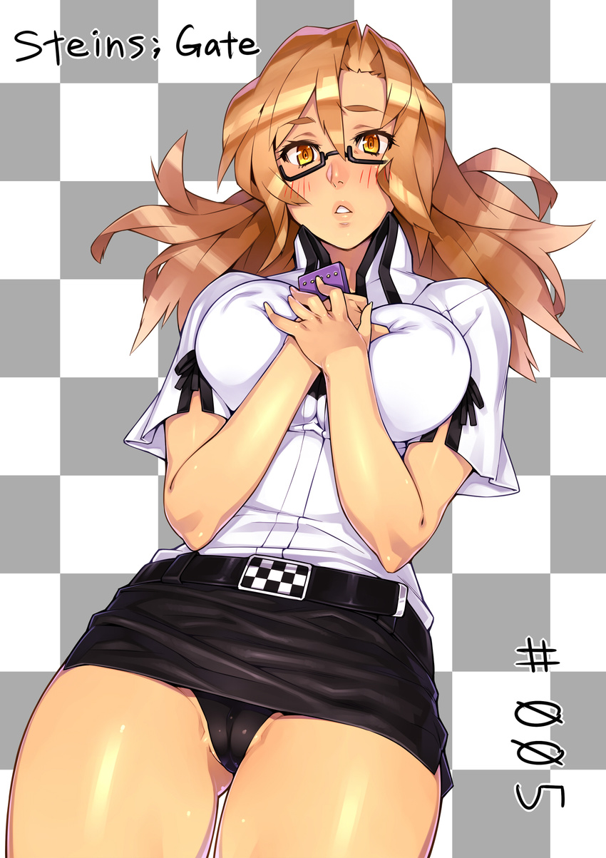 23_(real_xxiii) belt black_panties black_skirt blush breasts brown_eyes brown_hair cameltoe cellphone checkered checkered_background covered_nipples dress_shirt glasses hands_on_own_chest highres impossible_clothes impossible_shirt kiryuu_moeka large_breasts lips long_hair miniskirt panties pantyshot pencil_skirt phone shirt skirt solo steins;gate underwear