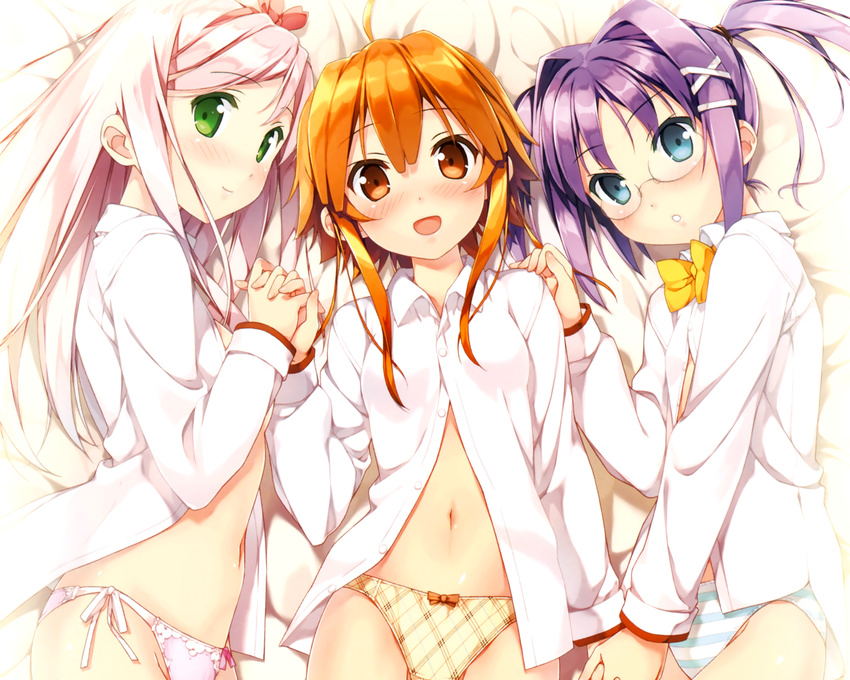 3girls bed blush glasses kantoku kogamura_uril kugiri_cornelia panties sasao_mazel shinkyoku_soukai_polyphonica shinkyoku_soukai_polyphonica_aphonic_songbird underwear