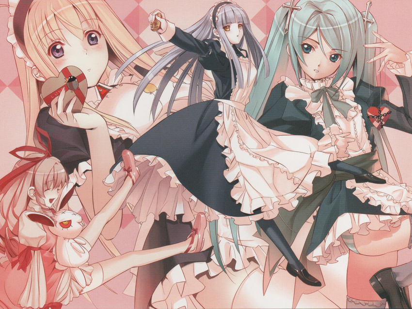 anna blonde_hair blush carnevale_della_luce_della_luna gray_hair green_hair iris long_hair lunaria maid perla pink_hair possible_duplicate twin_tails valentine