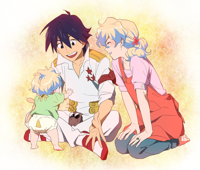 1girl baby blue_hair boota couple diaper family good_end happy hetero husband_and_wife if_they_mated jewelry mosako multicolored_hair nia_teppelin outstretched_hand ring simon sitting smile tengen_toppa_gurren_lagann two-tone_hair