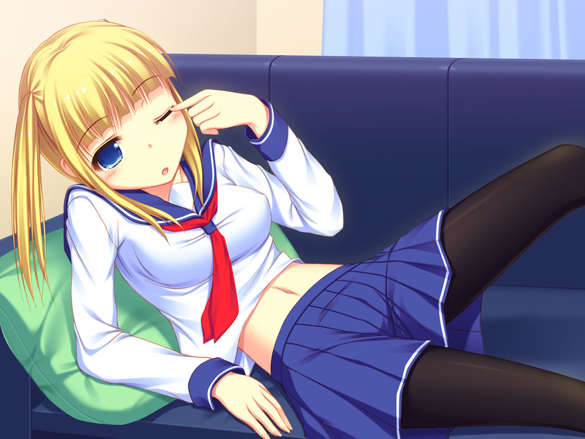 black_legwear blonde_hair blue_eyes blue_skirt breasts couch eyebrows_visible_through_hair finger_to_eye highres indoors kageira long_hair lying medium_breasts midriff navel on_back one_eye_closed original pantyhose pillow pleated_skirt shirt skirt solo tears twintails white_shirt