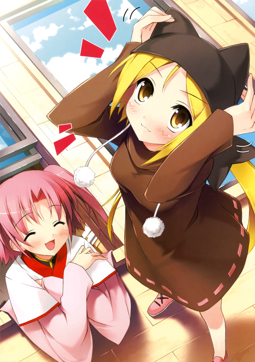 2girls :3 :d ^_^ absurdres adjusting_clothes adjusting_hat animal_hat arms_up bangs bent_over blonde_hair blush building capelet cat_hat closed_eyes cloud crossed_arms day dress dutch_angle foreshortening from_above fur_trim happy hat highres kantoku keenedual_na_hermesion long_hair looking_at_viewer looking_up misseldollied multiple_girls official_art open_mouth outdoors parted_bangs pink_hair reflection scan shadow shinkyoku_soukai_polyphonica shinkyoku_soukai_polyphonica_aphonic_songbird shoes short_dress short_hair short_twintails sky smile sneakers standing twintails very_long_hair window yellow_eyes