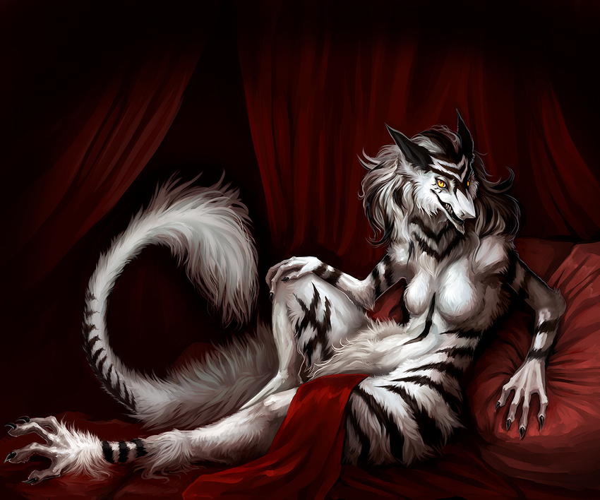 breasts byakurai_tora claws fangs female fluff looking_at_viewer maelice pillow reclining seductive sergal solo stripes tail yellow_eyes