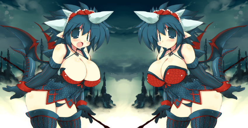 blue_eyes blue_hair blush breasts cleavage dragon_girl dragon_tail dragon_wings elbow_gloves fang gloves highres huge_breasts monster_girl multiple_girls open_mouth original pointy_ears sakaki_(noi-gren) short_hair striped striped_legwear tail thighhighs vertical-striped_legwear vertical_stripes wings