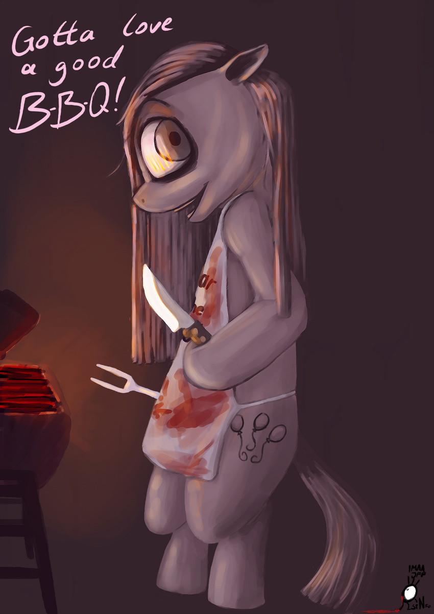 blood equine female friendship_is_magic gore grill grill_fork horse imaajfpstnfo insane knife mammal my_little_pony pinkie_pie_(mlp) pony solo