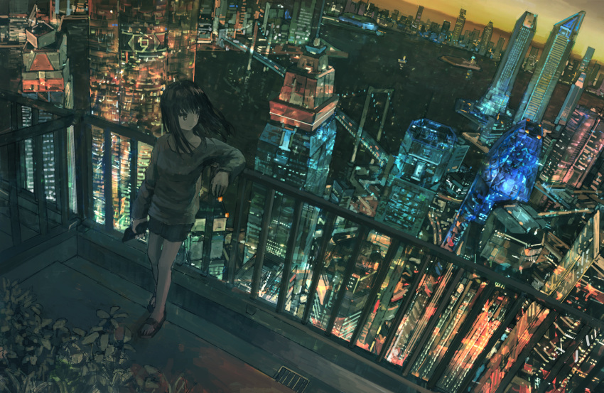 1girl bangs black_hair boat bridge building cityscape commentary_request drain_(object) expressionless highres holding leaning_on_rail long_hair long_sleeves looking_to_the_side ocean original outdoors plant railing rooftop sandals scenery shorts skyscraper solo standing sunset tokunaga_akimasa watercraft