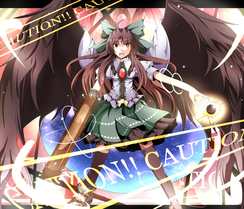 ahoge arm_cannon black_wings bow brown_hair brown_legwear cape caution concrete energy_ball english green_skirt hair_bow highres letterboxed long_hair medium_skirt open_mouth petticoat red_eyes reiuji_utsuho shino_(moment) shirt skirt solo thighhighs third_eye touhou weapon wings